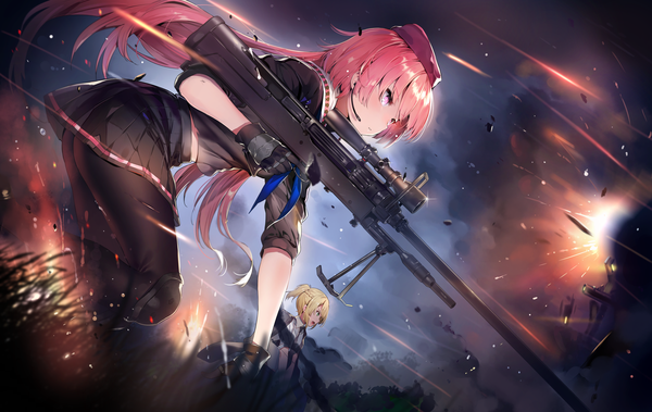 Anime picture 2358x1491 with girls frontline welrod mk2 (girls frontline) ntw-20 (girls frontline) yuran (cozyquilt) long hair blush fringe highres open mouth light erotic blonde hair purple eyes multiple girls holding green eyes looking away pink hair outdoors ponytail pleated skirt