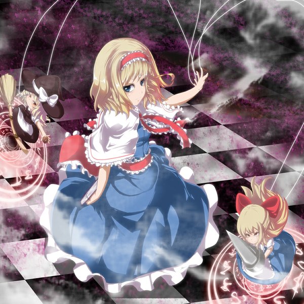 Anime picture 1181x1181 with touhou kirisame marisa alice margatroid shanghai meracle (artist) blue eyes blonde hair multiple girls magic checkered floor girl dress ribbon (ribbons) weapon hat hairband 3 girls witch hat broom doll (dolls)