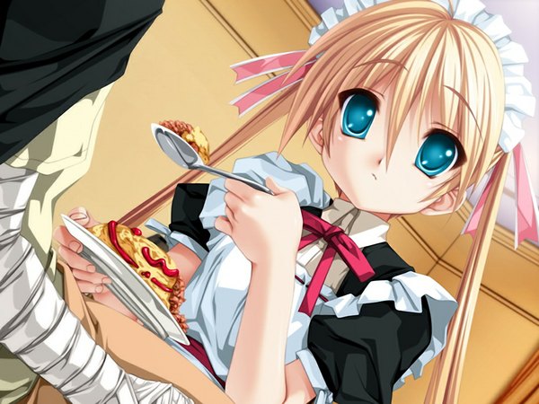 Anime picture 1024x768 with like a butler akitsuhara mizuho senomoto hisashi long hair blue eyes blonde hair twintails game cg maid loli girl food omelet omurice