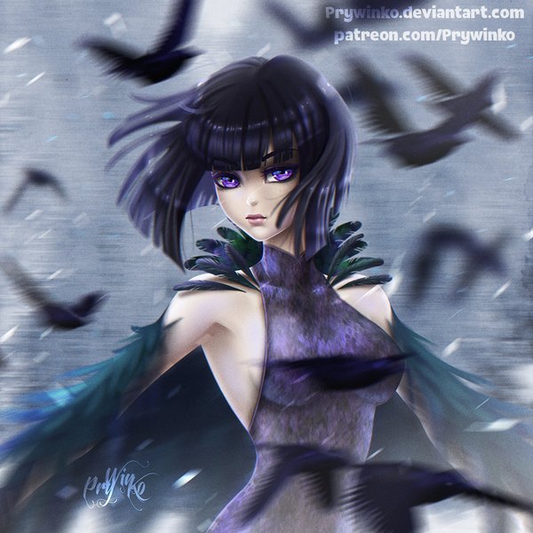 Anime picture 1000x1000 with bishoujo senshi sailor moon toei animation tomoe hotaru sailor saturn olga narhova single looking at viewer fringe short hair breasts black hair purple eyes signed lips girl dress animal wings bird (birds) feather (feathers)