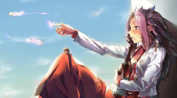 Anime picture 1416x786 with kantai collection fairy (kantai collection) junyou light aircraft carrier aida takanobu long hair blush wide image sitting multiple girls blue hair purple hair ahoge ponytail very long hair grey hair sunlight open clothes open shirt eating goggles on head
