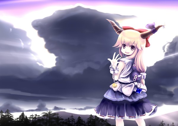 Anime picture 1800x1274 with touhou ibuki suika abchipika single long hair highres blonde hair brown eyes cloud (clouds) looking back horn (horns) girl bow plant (plants) hair bow tree (trees) chain