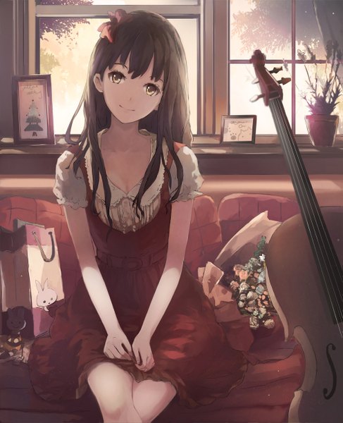 Anime picture 991x1219 with original ooi choon liang single long hair tall image looking at viewer blush black hair smile sitting yellow eyes sky indoors short sleeves puffy sleeves crossed legs girl dress hair ornament flower (flowers)