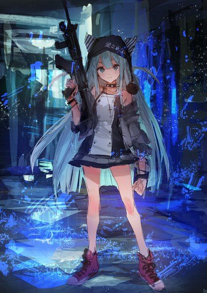 Anime picture 700x990 with original lm7 (op-center) single long hair tall image looking at viewer fringe blue eyes standing bare shoulders animal ears blue hair long sleeves pleated skirt cat ears bare legs cat girl girl skirt weapon