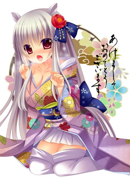 Anime picture 680x945 with original nae-nae single long hair tall image looking at viewer blush open mouth red eyes animal ears silver hair traditional clothes japanese clothes hair flower girl thighhighs hair ornament flower (flowers) white thighhighs kimono