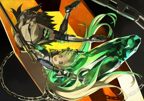 Anime picture 1215x853 with original shihou (g-o-s) single open mouth blonde hair smile twintails green eyes very long hair upside down girl gloves sword armor chain crystal