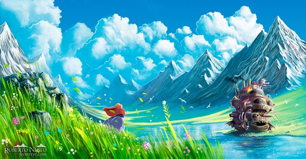 Anime picture 1500x784 with howl's moving castle studio ghibli sophie hatter syntetyc wide image sky cloud (clouds) wind back smoke mountain landscape river girl flower (flowers) plant (plants) hat animal bird (birds) grass