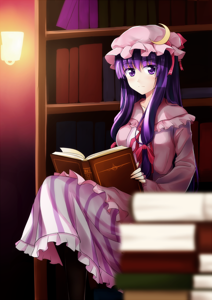 Anime picture 1207x1706 with touhou patchouli knowledge qiuzhi huiyi single long hair tall image looking at viewer blush purple eyes purple hair light smile crescent girl hair ornament ribbon (ribbons) hair ribbon book (books) bonnet