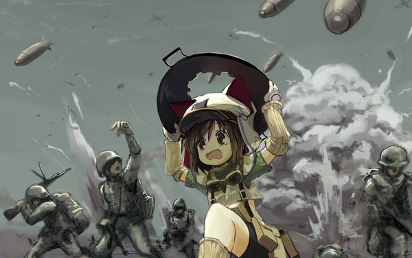 Anime picture 1920x1200 with tears to tiara rathty aruru no zaki fringe highres short hair open mouth hair between eyes brown hair wide image brown eyes looking away outdoors loli smoke running scared explosion soldier girl