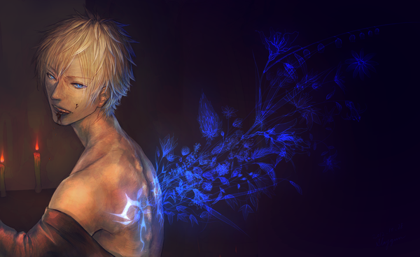 Anime picture 1400x860 with original slaygun single looking at viewer short hair blue eyes simple background blonde hair wide image bare shoulders looking back back licking boy flower (flowers) plant (plants) wings tongue blood candle (candles)