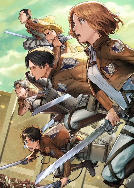 Anime picture 1072x1500 with shingeki no kyojin production i.g eren yaeger levi (rivaille) petra ral auruo bossard erd gin gunter shulz sine-eang tall image short hair breasts black hair blonde hair brown hair holding green eyes sky cloud (clouds) profile