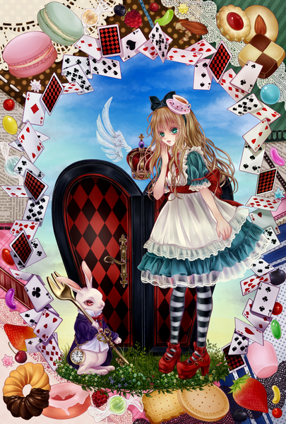 Anime picture 1181x1748 with alice in wonderland alice (wonderland) shio (blacksio) long hair tall image open mouth blonde hair green eyes girl dress hat food shoes sweets crown berry (berries) bunny card (cards) door cherry