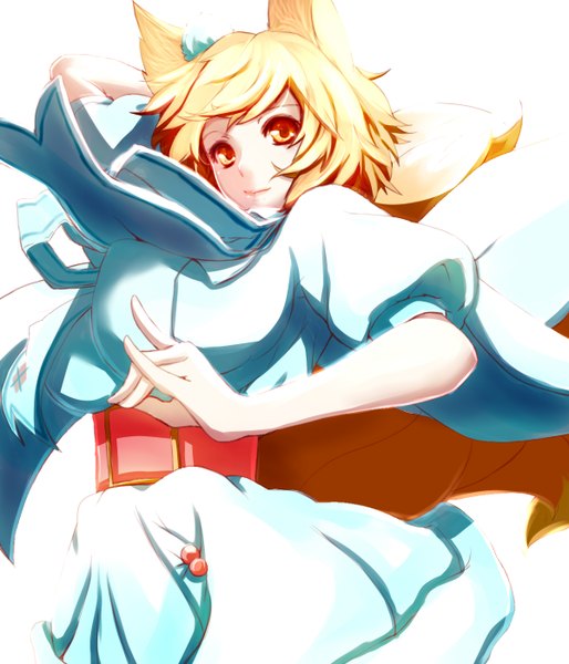 Anime picture 1200x1400 with touhou yakumo ran dearmybrothers single tall image looking at viewer fringe short hair breasts blonde hair animal ears animal tail light smile orange eyes fox ears fox tail happy multiple tails fox shadow puppet girl