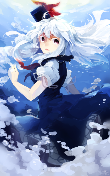 Anime picture 1200x1920 with touhou kamishirasawa keine mikuru rumisora single long hair tall image open mouth purple eyes blue hair looking away underwater girl dress hat bubble (bubbles)