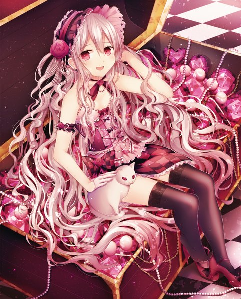 Anime picture 1209x1500 with original ranhana single tall image looking at viewer red eyes sitting twintails white hair very long hair wavy hair thighhighs dress black thighhighs animal cat bonnet beads crystal