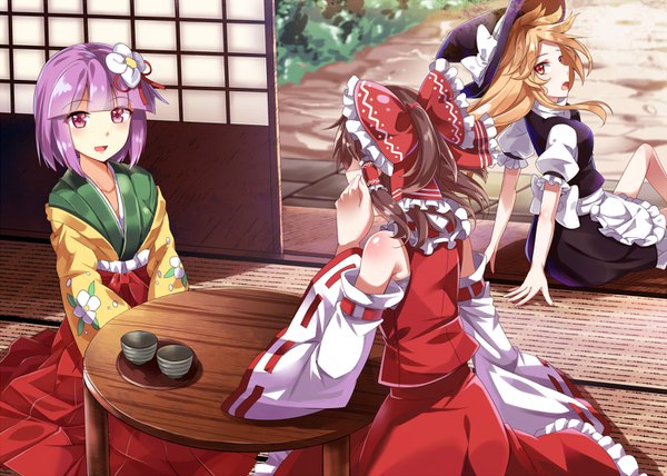 Anime picture 1400x1000 with touhou hakurei reimu kirisame marisa hieda no akyuu e.o. long hair fringe short hair breasts open mouth blonde hair brown hair sitting purple eyes bare shoulders multiple girls yellow eyes payot purple hair ponytail