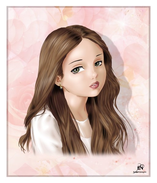 Anime picture 2400x2800 with real life dasha kernasyuk thenightwishmaster single long hair tall image looking at viewer highres brown hair green eyes signed lips shadow portrait framed girl earrings clothes