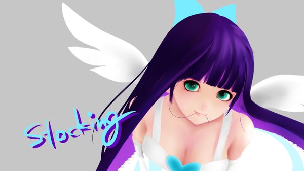 Anime picture 1920x1080 with panty & stocking with garterbelt anarchy stocking single long hair highres simple background wide image green eyes purple hair multicolored hair grey background two-tone hair colored inner hair girl wings