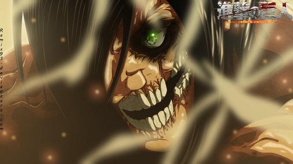 Anime picture 2000x1121 with shingeki no kyojin production i.g eren yaeger rogue titan cursedicedragon single highres short hair black hair wide image green eyes inscription coloring close-up smoke face muscle boy monster