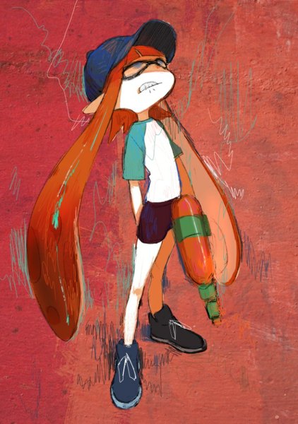 Anime picture 580x823 with splatoon nintendo inkling hekoko single long hair tall image fringe simple background pointy ears orange hair grin looking up red background tentacle hair girl weapon glasses shorts baseball cap