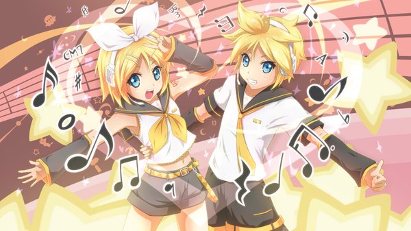 Anime picture 1920x1080 with vocaloid kagamine rin kagamine len highres short hair open mouth blue eyes blonde hair wide image girl boy navel bow hair bow necktie headphones musical note