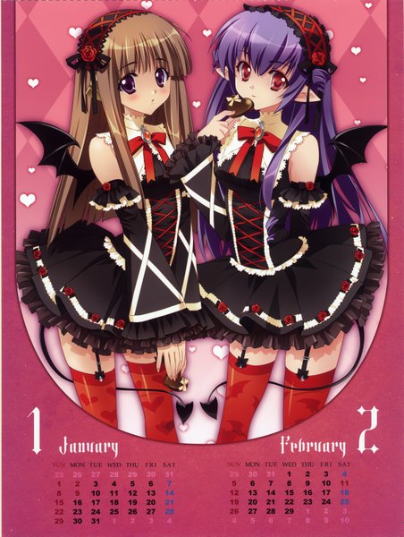 Anime picture 2510x3329 with original carnelian long hair tall image blush highres smile red eyes brown hair purple eyes bare shoulders multiple girls purple hair tail nail polish pointy ears bat wings calendar 2012 girl thighhighs