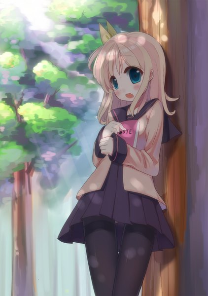 Anime picture 1000x1420 with original ririko (zhuoyandesailaer) single long hair tall image looking at viewer blush open mouth blue eyes blonde hair girl dress plant (plants) pantyhose tree (trees) notebook