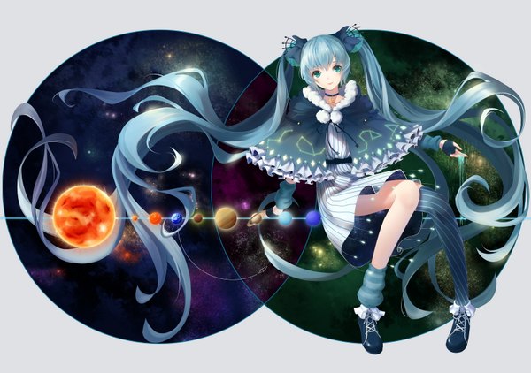Anime picture 1600x1127 with vocaloid hatsune miku fuyu no yoru miku catcan single looking at viewer blue eyes twintails blue hair full body very long hair girl thighhighs dress single thighhigh planet