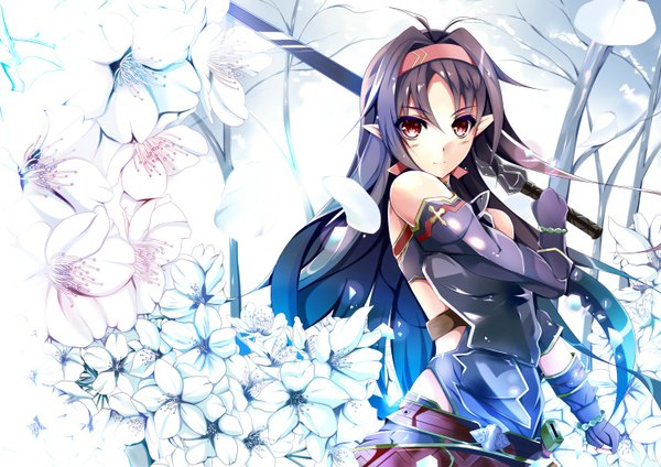Anime picture 1500x1060 with sword art online a-1 pictures yuuki (sao) yuuki nagisa single long hair black hair brown eyes pointy ears bare tree girl flower (flowers) weapon plant (plants) petals sword tree (trees) hairband armor