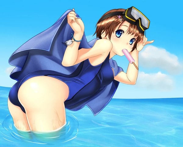 Anime picture 2560x2048 with original pitui1996 (krmn-chan) highres short hair blue eyes light erotic brown hair sky cloud (clouds) girl swimsuit food sweets sea ice cream towel goggles