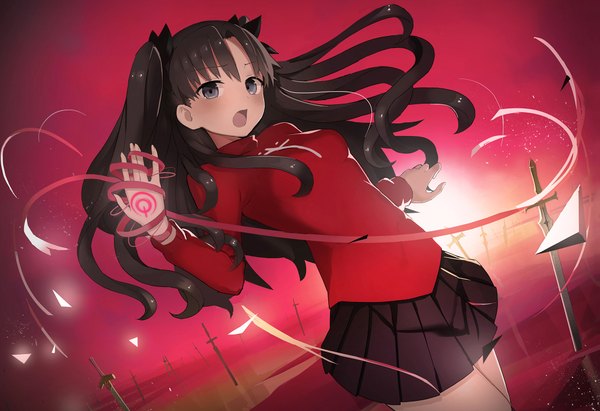 Anime picture 2000x1372 with fate (series) fate/stay night type-moon toosaka rin ccaw single long hair fringe highres open mouth blue eyes black hair standing twintails sky pleated skirt red sky girl skirt ribbon (ribbons)
