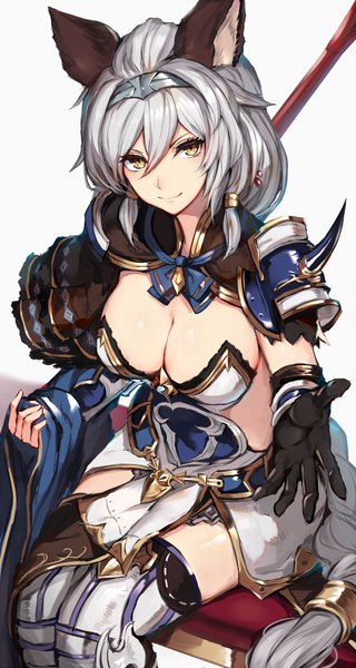 Anime picture 1020x1908 with granblue fantasy heles watao single tall image looking at viewer fringe breasts light erotic simple background smile hair between eyes large breasts sitting brown eyes animal ears silver hair very long hair from above cat ears