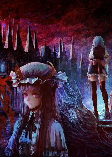 Anime picture 832x1169 with touhou izayoi sakuya patchouli knowledge kirigo (artist) long hair tall image looking at viewer fringe purple eyes multiple girls blue hair sky purple hair from behind night crescent girl thighhighs black thighhighs 2 girls