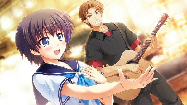 Anime picture 1280x720 with atled everlasting song blush short hair open mouth blue eyes black hair red eyes wide image game cg girl boy serafuku guitar