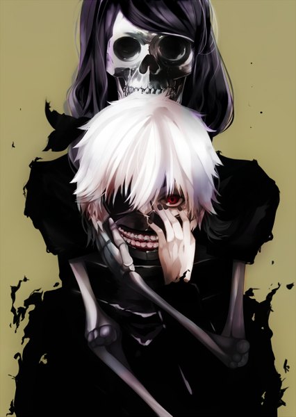 Anime picture 930x1311 with tokyo ghoul studio pierrot kaneki ken kamishiro rize long hair tall image looking at viewer red eyes purple hair white hair nail polish hug hug from behind skeleton girl boy mask skull