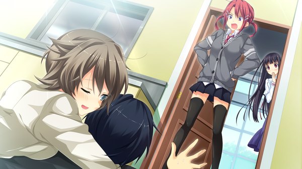 Anime picture 2560x1440 with kanojo to ore to koibito to mihagino ayano marui (koedame) long hair blush highres short hair open mouth blue eyes black hair red eyes brown hair wide image multiple girls game cg red hair one eye closed wink girl thighhighs