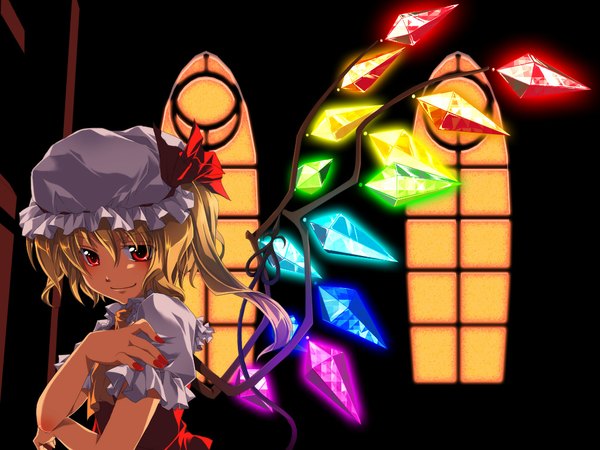 Anime picture 1024x768 with touhou flandre scarlet onemu (artist) single short hair blonde hair red eyes nail polish one side up girl hat wings