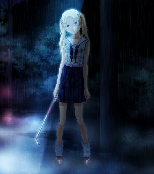 Anime picture 1024x1152 with suigetsu 2 long hair tall image blonde hair twintails game cg black eyes night rain girl skirt serafuku
