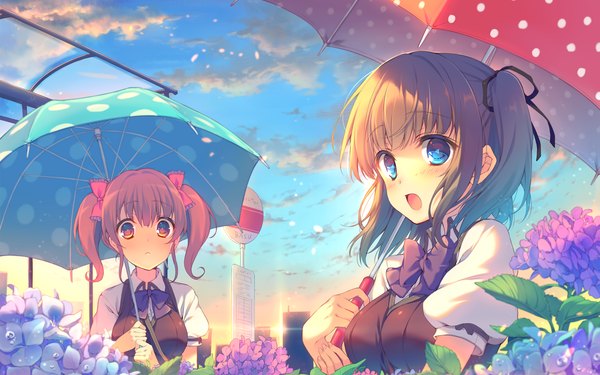 Anime picture 1920x1200 with berry's houkou yuuka tatsumi wakaba reia looking at viewer blush highres short hair blue eyes brown hair twintails multiple girls brown eyes sky cloud (clouds) short twintails surprised girl uniform flower (flowers)