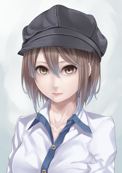 Anime picture 1000x1414 with original ray-akila single tall image looking at viewer short hair brown hair brown eyes upper body girl flat cap