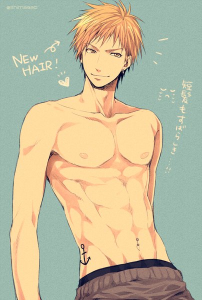 Anime picture 600x890 with kuroko no basket production i.g kise ryouta mashima shima single tall image short hair light erotic simple background blonde hair smile yellow eyes looking away upper body tattoo piercing text groin ear piercing topless