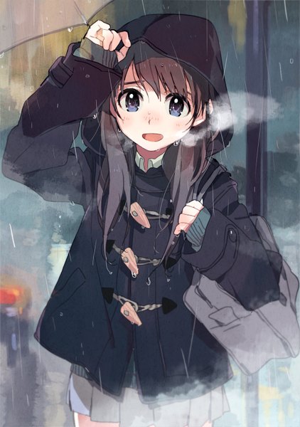 Anime picture 1030x1464 with original poo (donkan gokko) single long hair tall image looking at viewer blush open mouth blue eyes brown hair long sleeves pleated skirt wet rain wet clothes exhalation steam adjusting hood girl skirt