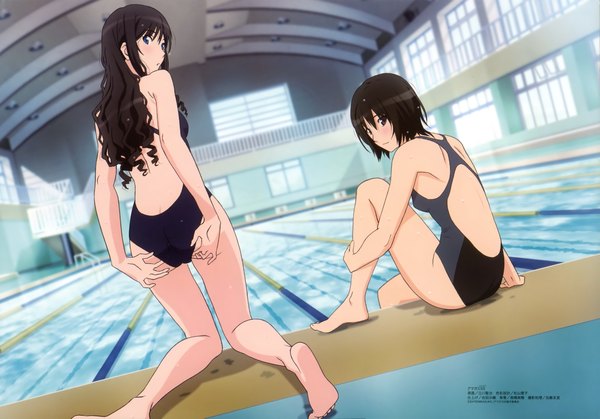 Anime picture 4658x3257 with amagami megami magazine nanasaki ai morishima haruka highres light erotic multiple girls absurdres ass looking back from behind official art back girl 2 girls swimsuit one-piece swimsuit school swimsuit pool