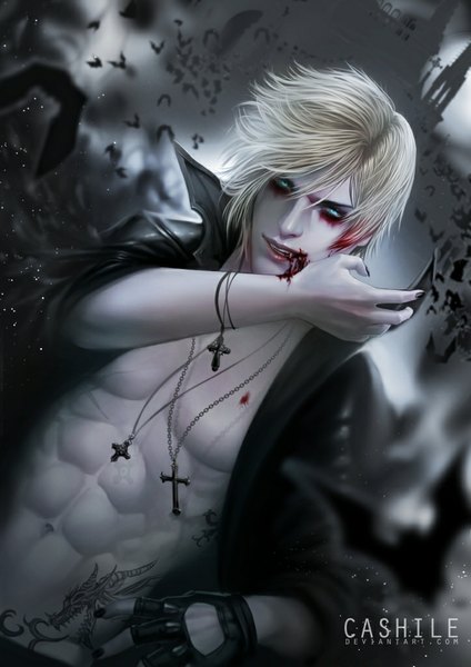 Anime picture 723x1023 with sarah-valsheim (cashile) single tall image short hair open mouth blue eyes blonde hair signed nail polish open clothes teeth fang (fangs) open shirt muscle vampire bite boy gloves navel animal