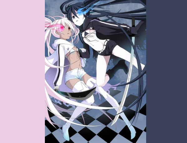 Anime picture 1300x992 with black rock shooter black rock shooter (character) insane black rock shooter hiiro (kikokico) long hair looking at viewer black hair red eyes twintails multiple girls blue hair pink hair white hair midriff grey eyes couple dark skin glowing holding hands dark background