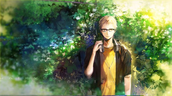 Anime picture 1920x1080 with haikyuu!! production i.g tsukishima kei zis (artist) orka single looking at viewer highres short hair blonde hair wide image yellow eyes sunlight open clothes open jacket wallpaper sunbeam boy plant (plants) glasses