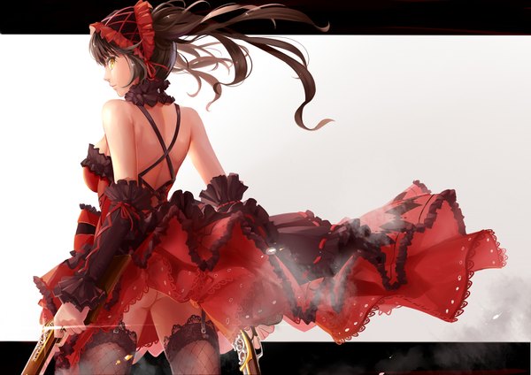 Anime picture 1920x1357 with date a live tokisaki kurumi yunsang single long hair looking at viewer highres light erotic brown hair twintails bare shoulders yellow eyes ass profile from behind girl thighhighs dress weapon black thighhighs