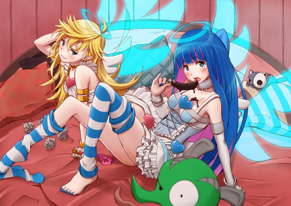 Anime picture 1123x794 with panty & stocking with garterbelt anarchy stocking anarchy panty chuck long hair blush blue eyes light erotic blonde hair bare shoulders multiple girls blue hair purple hair nail polish multicolored hair colored inner hair girl thighhighs dress underwear