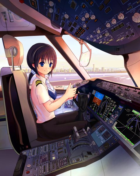 Anime picture 1200x1504 with original eijima moko single long hair tall image looking at viewer blush brown hair sitting ponytail pilot airplane interior girl uniform shirt pants microphone