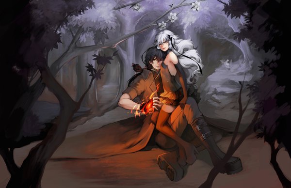 Anime picture 2295x1485 with original ippus long hair highres blue eyes black hair smile red eyes bare shoulders white hair couple magic nature girl boy gloves ribbon (ribbons) plant (plants) tree (trees) elbow gloves